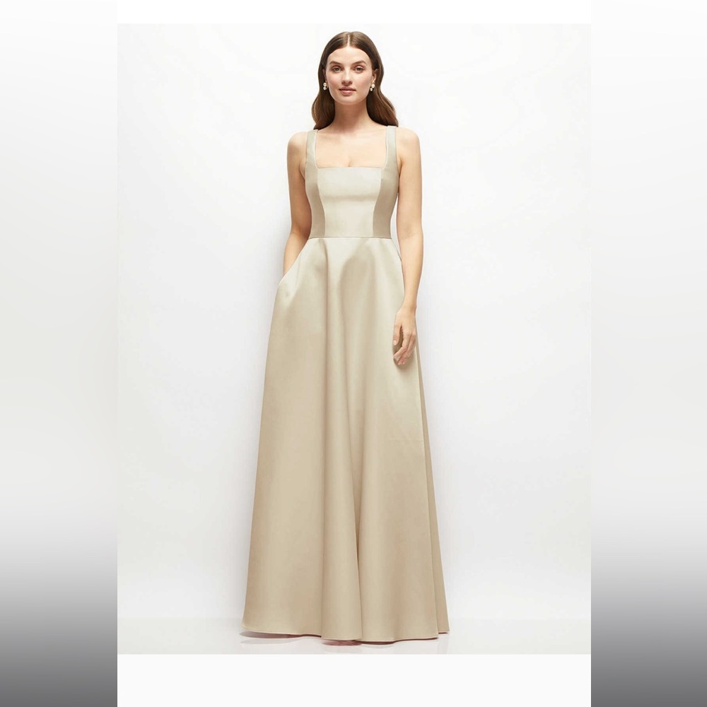 SQUARE-NECK SATIN MAXI DRESS WITH FULL SKIRT IN CHAMPAGNE BY DESSY GROUP